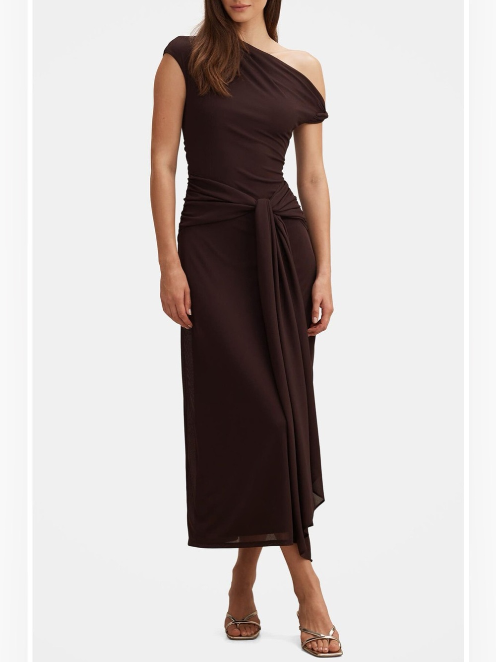 Ever New Piper Draped One-Shoulder Midi Dress Chocolate Brown Size 8